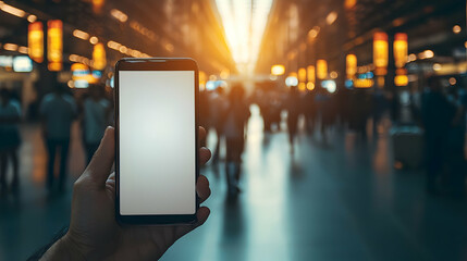 Poster - Blank phone screen, busy terminal, travel
