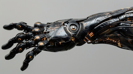 Poster - futuristic robotic arm with intricate details and metallic textures, showcasing advanced technology and design. arm features articulated fingers and glowing elements, evoking sense of innovation