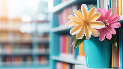 Sticker - Bright flowers in turquoise pot add vibrant touch to modern library filled with colorful books. serene atmosphere invites relaxation and inspiration