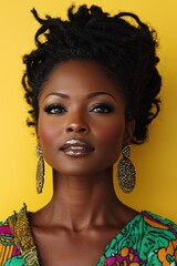 Wall Mural - Elegant woman with natural hair poses confidently against a vibrant yellow backdrop showcasing cultural attire