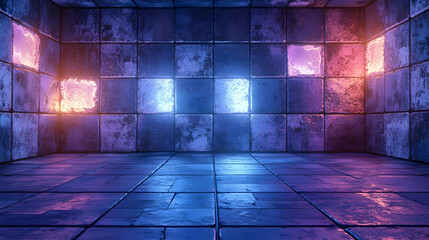 Poster - Neon-lit tiled room, futuristic background, game design