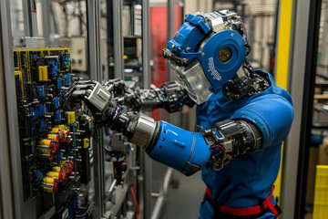 Poster - Robot repairing electronics in factory; industrial automation