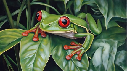 Wall Mural - Vibrant Red-Eyed Tree Frog Amidst Lush Green Foliage