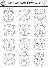 Poster - Find two same capybara faces. Black and white matching activity for children with capibara heads. Educational line quiz worksheet for kids. Printable game, coloring page with cute animals