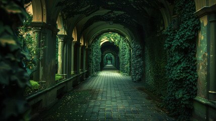 Poster - serene, overgrown corridor lined with lush greenery and arches creates tranquil atmosphere. path invites exploration through nature embrace