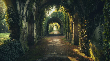 Wall Mural - serene pathway through ivy covered archway, illuminated by soft sunlight, creating tranquil atmosphere