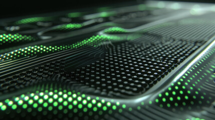 Poster - Close up of circuit board with green LED lights, showcasing intricate patterns and textures. design highlights technology and innovation