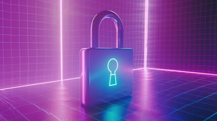 Poster - digital padlock with glowing keyhole design, set against vibrant neon background. futuristic aesthetic conveys security and technology