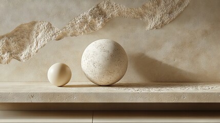 Poster - Textured sphere set on a stone platform with abstract wall design in creamy neutral tones evokes minimalist sophistication