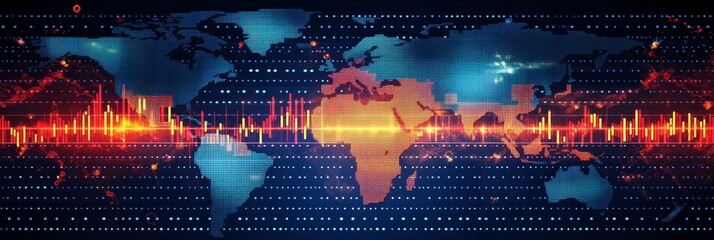 Poster - Global Stock Market Analysis Data Blue, Red, and Orange on Dark Background with Glowing Map