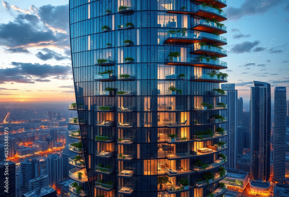 Torre residencial futurista de gran altura con una elegante fachada de ...
