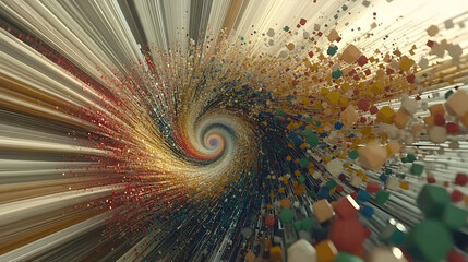 Poster - Abstract swirling vortex of colorful cubes and lines.  Perfect for tech, data, or energy concepts evokes speed, innovation, and connectivity. Ideal for websites, presentations, and digital art.