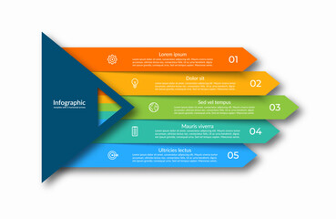 Canvas Print - Five-step infographic with horizontal arrow-shaped sections that numbered and contains a place for text block and icon to represent different steps, options or stages. Vector illustration.