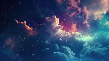 Wall Mural - A vibrant cosmic scene showcasing colorful clouds illuminated by starlight in a tranquil night sky