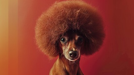 Wall Mural - A playful dog with a large, fluffy hairstyle poses against a vibrant red background, showcasing its unique look