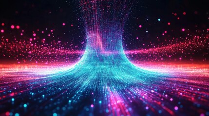 Poster - 5G technology wireless data transmission, high-speed internet. Information flow in abstract cyberspace. 3d illustration of big data digital funnel