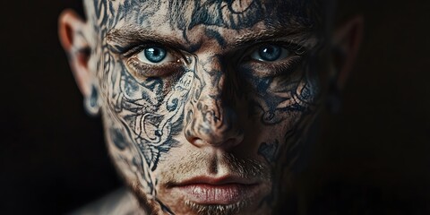 Poster - Close-Up Portrait of Man with Intricate Face Tattoos and Piercing Eyes