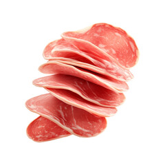 Wall Mural - Slices of cured meat Soppressata floating in a spiral arrangement isolated on white transparent background, showcasing freshness and food preparation concept