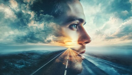 Aufkleber - Dreamy Landscape with a Man's Profile Against a Sunset Background