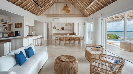 Poster - A serene beach house living room with white-washed wood, rattan furniture, and ocean blue accents.