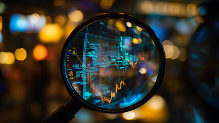 Poster - Magnifying Glass Stock Market Data Analysis Business Finance Investing Blue Trend Chart Graph Night 