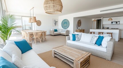 Poster - A serene beach house living room with white-washed wood, rattan furniture, and ocean blue accents.