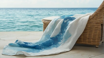 Poster - A soft cotton sarong with a hand-painted ocean wave pattern draped over a beach chair