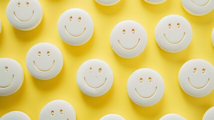Wall Mural - White happy face pills on a yellow background. The pills are arranged in a regular pattern.
