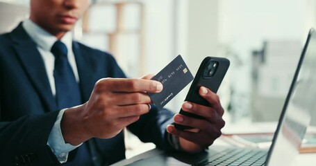 Aufkleber - Hands, business and man with phone or credit card for bank information, ecommerce payment and security. Person, check and mobile app of online shopping, investment and financial budget of transaction