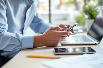 Poster - Close-up of a businessperson using a smartphone at a desk with a laptop and documents in a modern office setting.