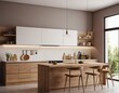 © Illustration - Modern Kitchen interior with empty blank wall for mockup template display. 3D Rendering