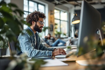 Aufkleber - Focused man working on computer in stylish home office.