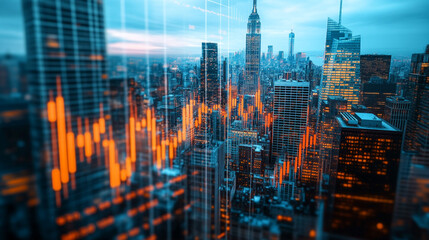 Poster - Financial Market Cityscape Skyline Stock Trading Orange Charts data urban money night growth modern 