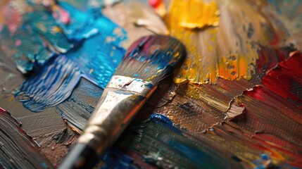 Close-up of a paintbrush resting on a vibrant palette filled with various paint colors, showcasing artistic creativity