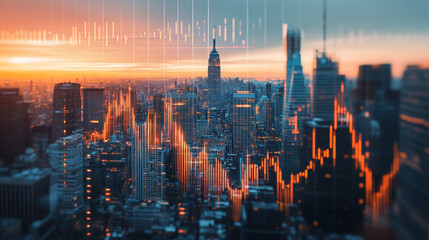 Poster - Dynamic Cityscape Skyline Financial Stock Market Growth urban trade money night modern future orange