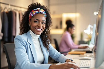 Aufkleber - Confident woman in a blue blazer working on a computer in a modern office.