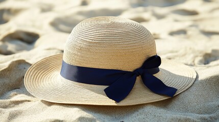Poster - A stylish straw sun hat with a navy ribbon placed on a sandy shore