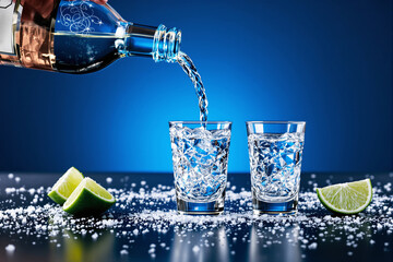Poster - Pouring clear liquid into crystal glasses with limes and salt on blue background.