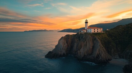 Aufkleber - A sunset view of a lighthouse standing tall on a rugged coastline, bathed in warm light.