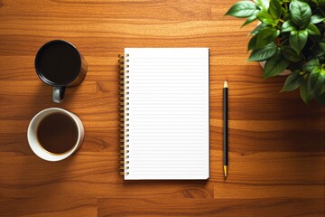 Aufkleber - Notebook with pencil and coffee cups on wooden desk background.