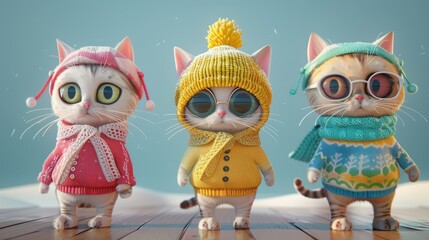 Wall Mural - Three adorable cats dressed in colorful winter outfits, posing playfully on a wooden floor with a soft background