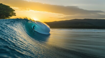 Poster - A surfer riding a turquoise wave, with the golden sunset casting a glow on the water.