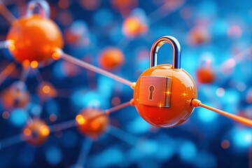 Poster - Orange spheres with padlocks connected by lines, glowing on a vibrant blue bokeh background. Concept of security and network protection.