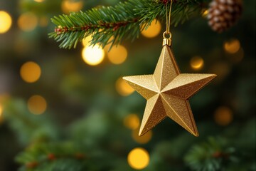 Poster - Golden star ornament hanging on a Christmas tree branch with festive lights in the background.