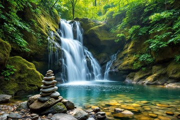 Aufkleber - Serene waterfall cascading into a turquoise pool surrounded by lush green mossy rocks and foliage.