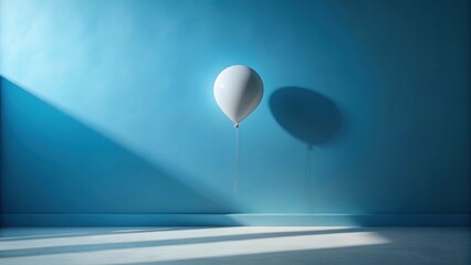 Wall Mural - A single light-grey balloon floats against a serene blue wall, bathed in the soft glow of sunlight creating a minimalist and peaceful atmosphere.