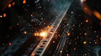 Poster - Industrial scene showing a robotic arm welding a metal beam, emitting bright sparks. The process highlights automation and precision in modern manufacturing technology
