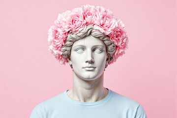 Aufkleber - Statue bust with pink flower crown on pastel background.