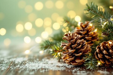 Poster - Festive pinecones with snow and fairy lights on a wooden surface.