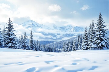 Poster - Snow-covered landscape with pine trees and mountains under a bright sky.